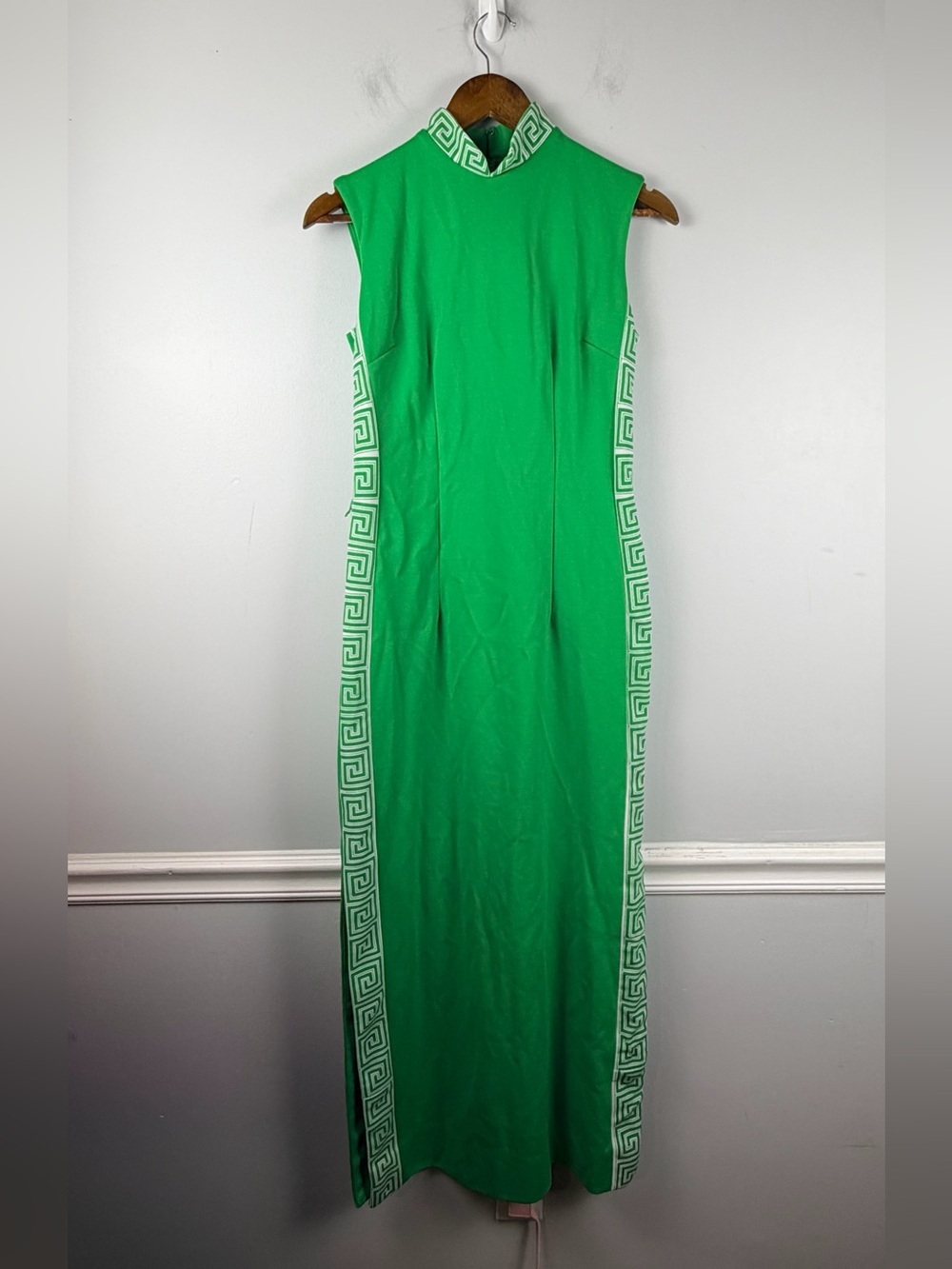 Vintage 1970s Alfred Shaheen Cheongsam green white Maxi Dress size 10